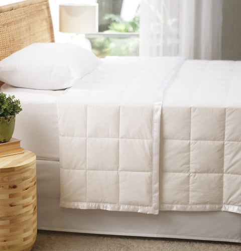White Luxury Down Filled Blanket laying perfectly on top of a bed. We are getting a side view of the bed. The blanket is folded over itself at the head of the bed, yet the blanket is still laying pretty flat. The blanket has squares going all across it.