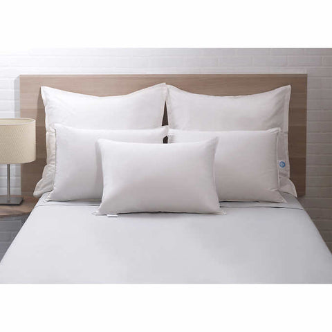 This image is taken from the foot of the bed. There is a wood like headboard. There two larger pillows set side by side leaning on the head board. There are two standard size pillows directly in front of those two larger pillows. Then in front of those pillows s one final standard size pillow that is leaning on both pillows, centered. 
