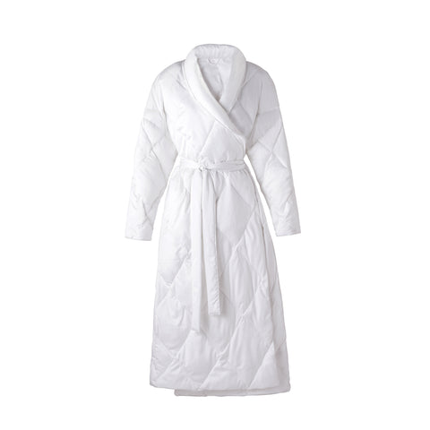 A plush Satin Puffer Robe being displayed here on a white background. Diamond shaped stitching across the whole thing. Hoodless. White elegant, hotel level robe here, with belt around the waist.