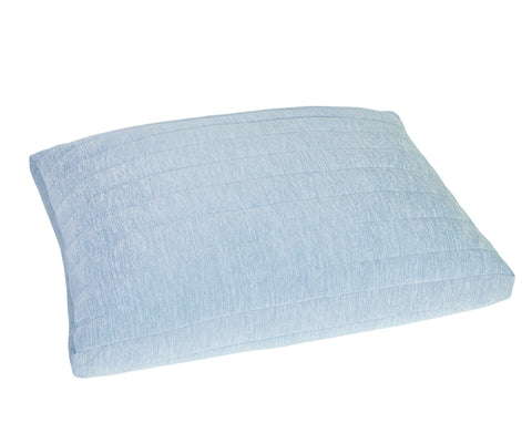 White background with light blue pillow laying flat.