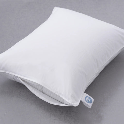 A single pillow with a white background, laying flat with the zipper 3/4 open so you can see the pillow. A small tag at the corner notifying you it is RDS certified. 400 thread count sateen cotton zipper removable cover that allows for easy care. The inner cover is a 233 thread count cotton that is woven tightly to create a down-proof barrier that ensures the high loft 650 fill power white goose down stays inside.