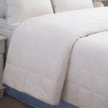 Climarest Cooling Comforter laying on a bed with a blue line around the perimeter of the comforter. Squares running up and down the entirety of the comforter.