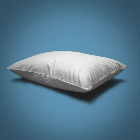 On a blue background is the Perfect White Goose Down Pillow - 50/50 Fill - Medium Plush Support. Just a single white pillow laying slight angle.